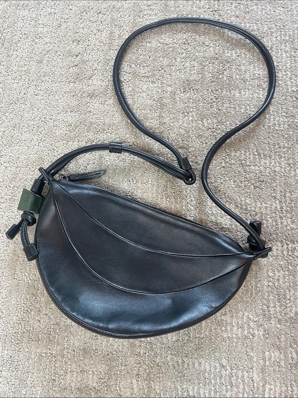 Black Leather Crescent Crossbody with Sculpted Panel Detail